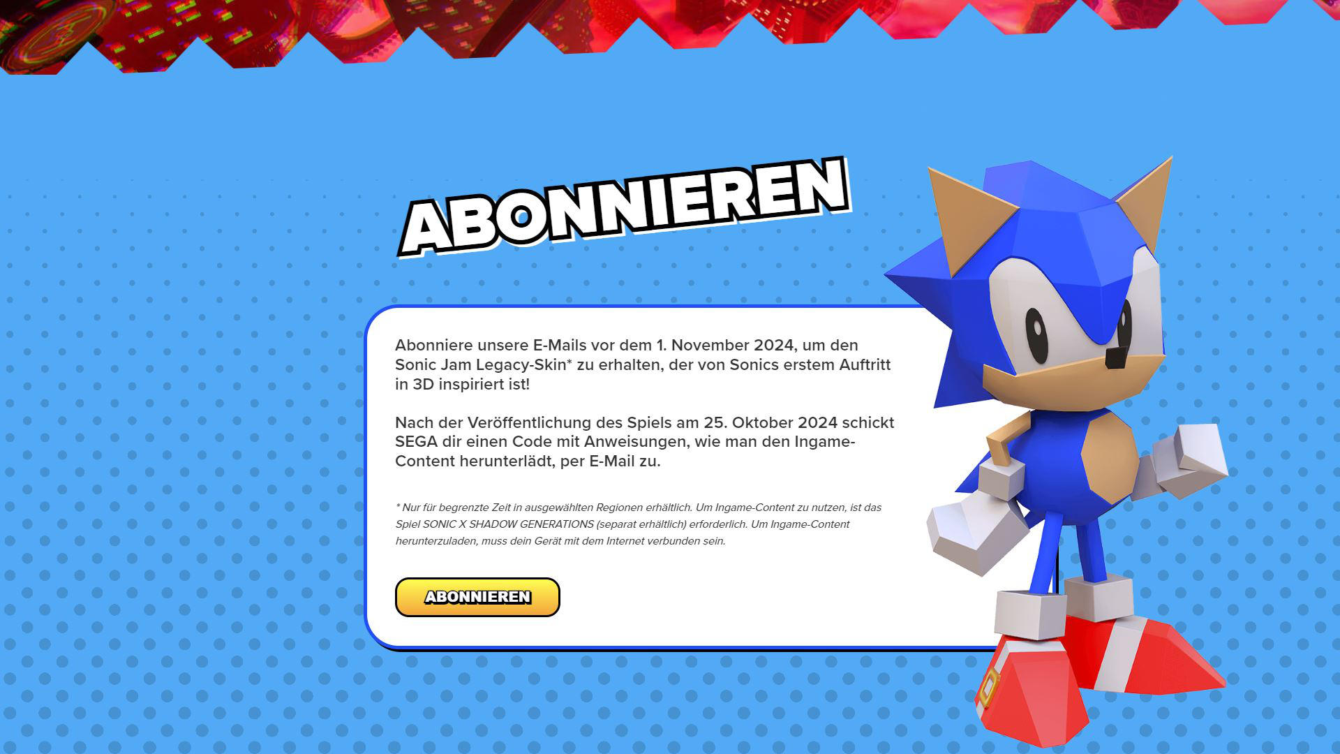 Sega: Sonic x Shadow Generations –Newsletter abonnieren und Skin abgreifen